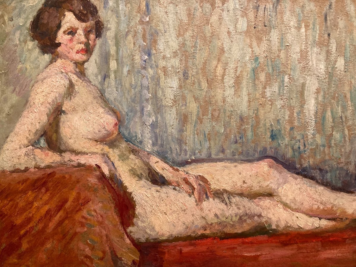 Nude From The 1940s. Oil On Cardboard Unsigned.-photo-3