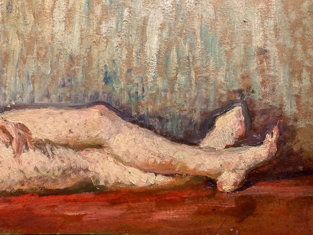 Nude From The 1940s. Oil On Cardboard Unsigned.-photo-4