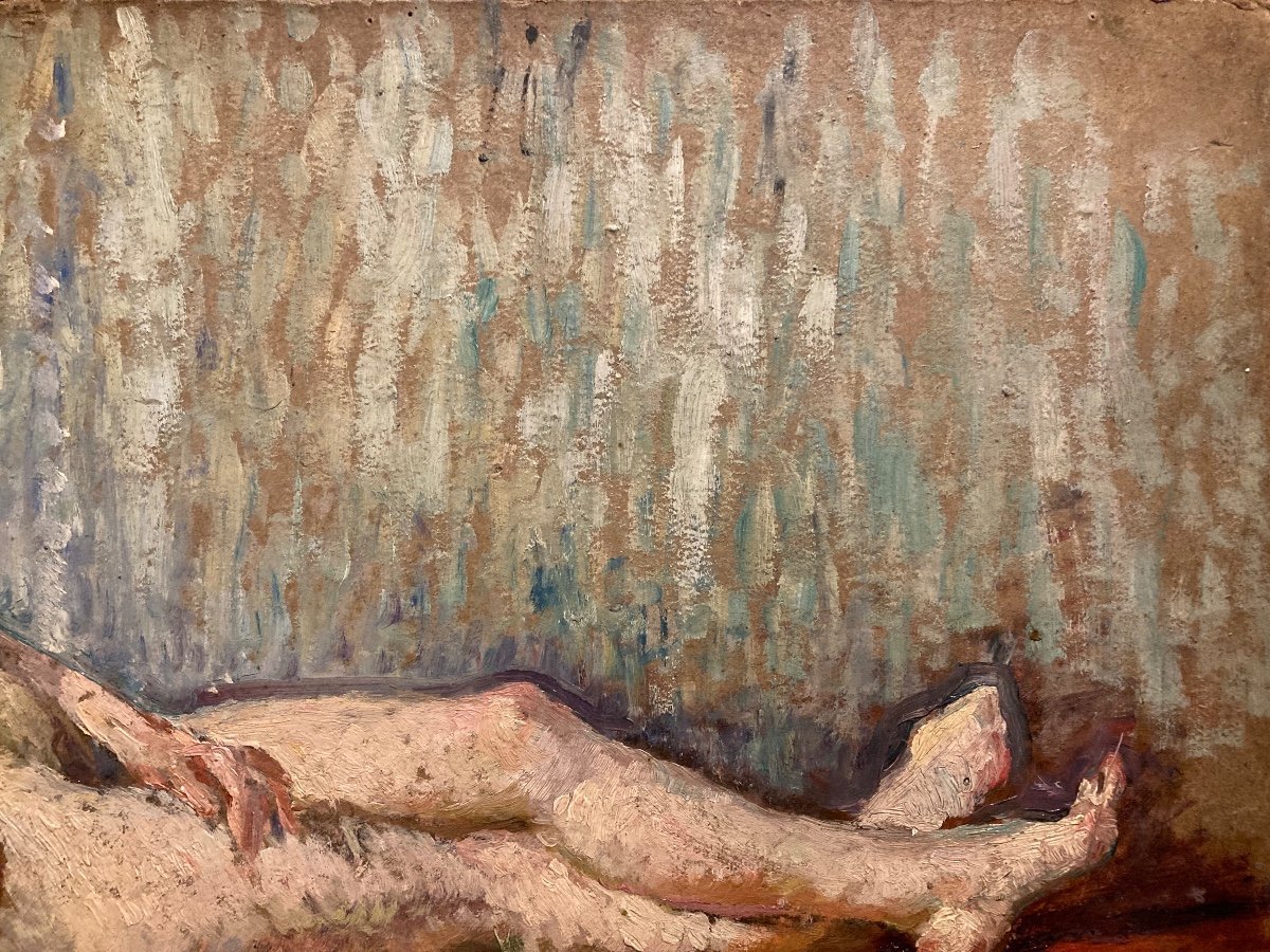 Nude From The 1940s. Oil On Cardboard Unsigned.-photo-1