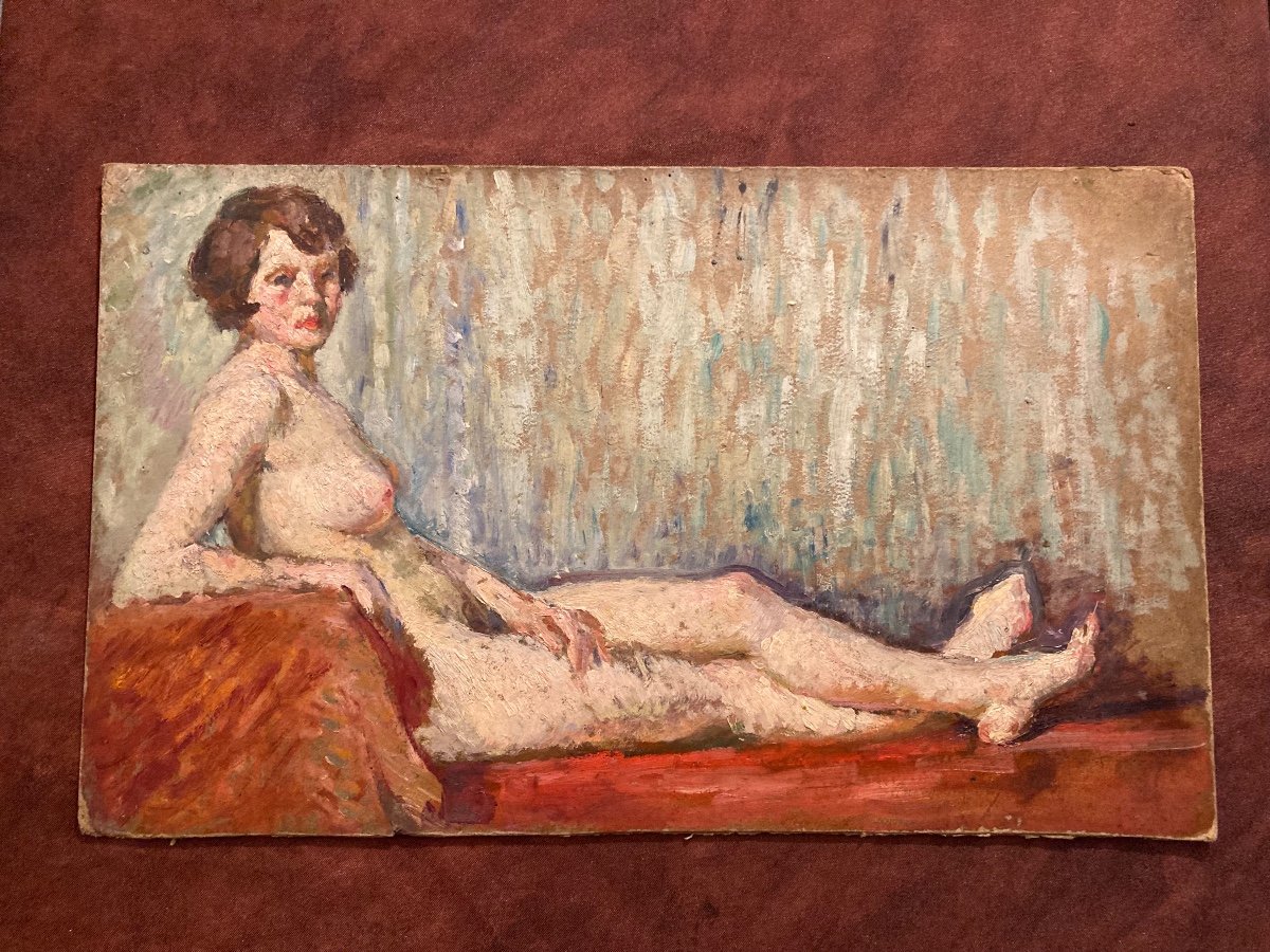 Nude From The 1940s. Oil On Cardboard Unsigned.-photo-2