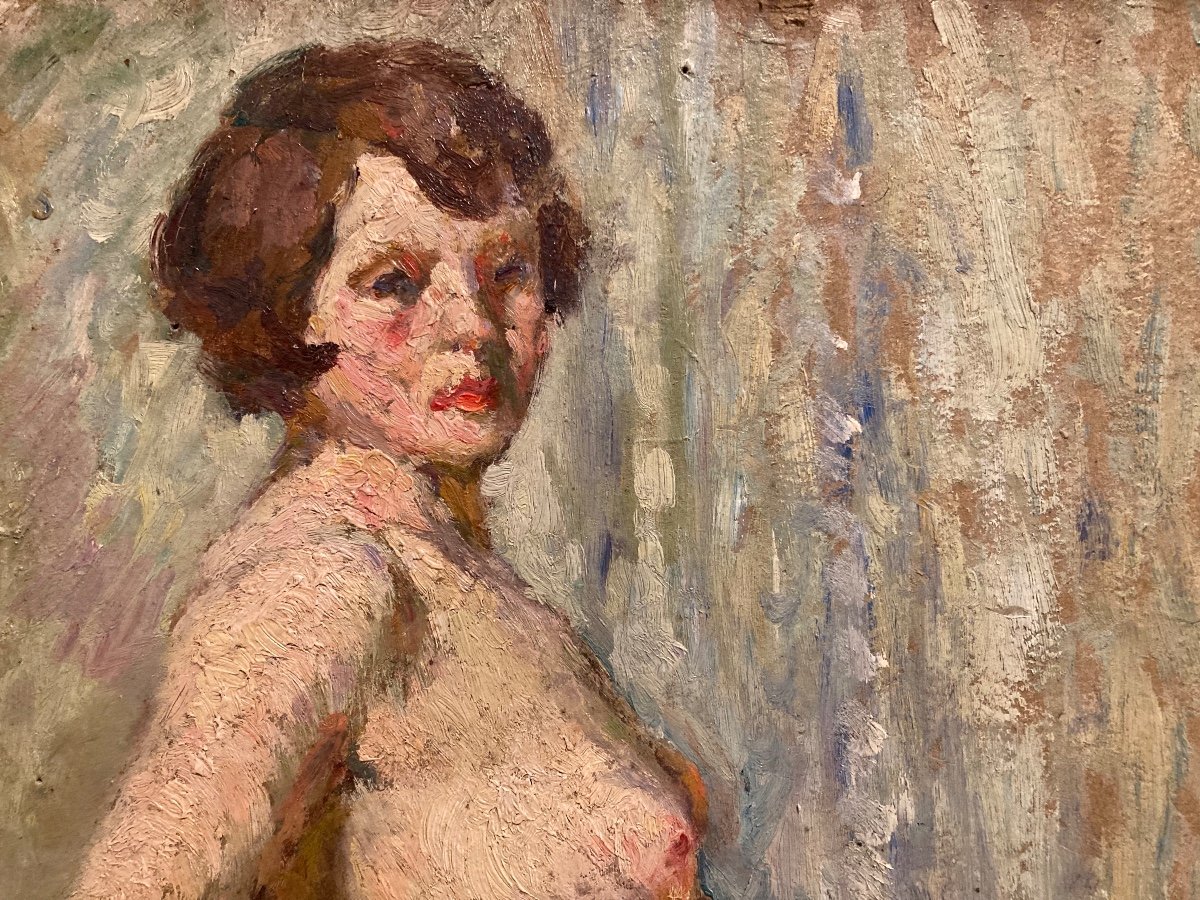 Nude From The 1940s. Oil On Cardboard Unsigned.-photo-3