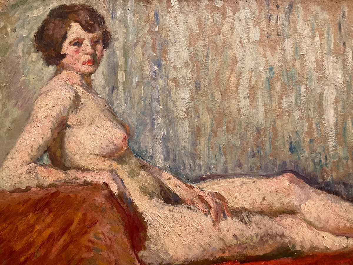 Nude From The 1940s. Oil On Cardboard Unsigned.-photo-4