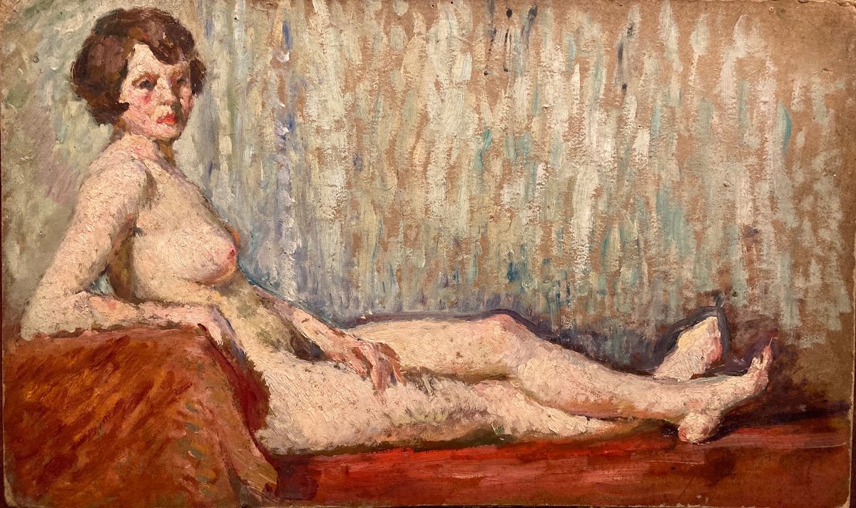 Nude From The 1940s. Oil On Cardboard Unsigned.-photo-6