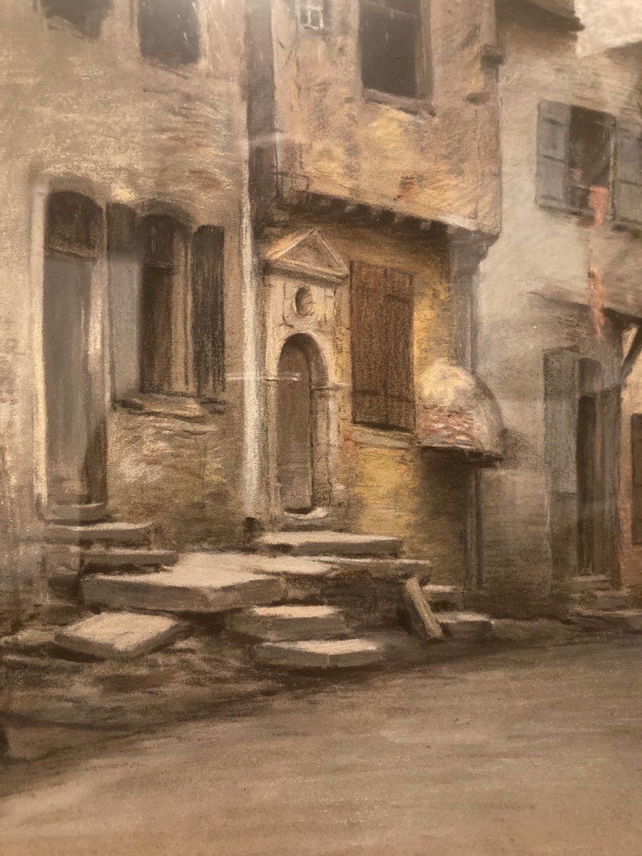 Pastel D’ Albert Durand. Rue à Vitré.-photo-2