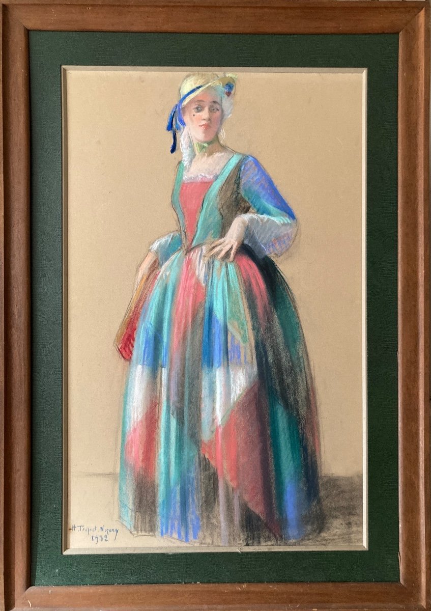 Pastel. Full Length Portrait Of A Woman. Signed H. Tripet. Nizery. 1932.