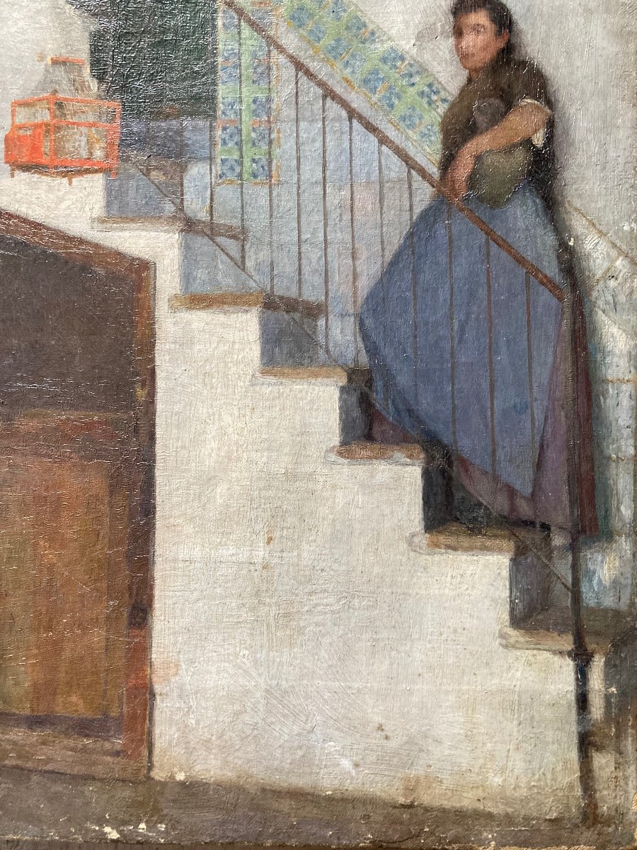 Jeune Femme Rêveuse Dans Un Intérieur. Marius Michel. ( 1853-1910 ). Ecole Française.-photo-1
