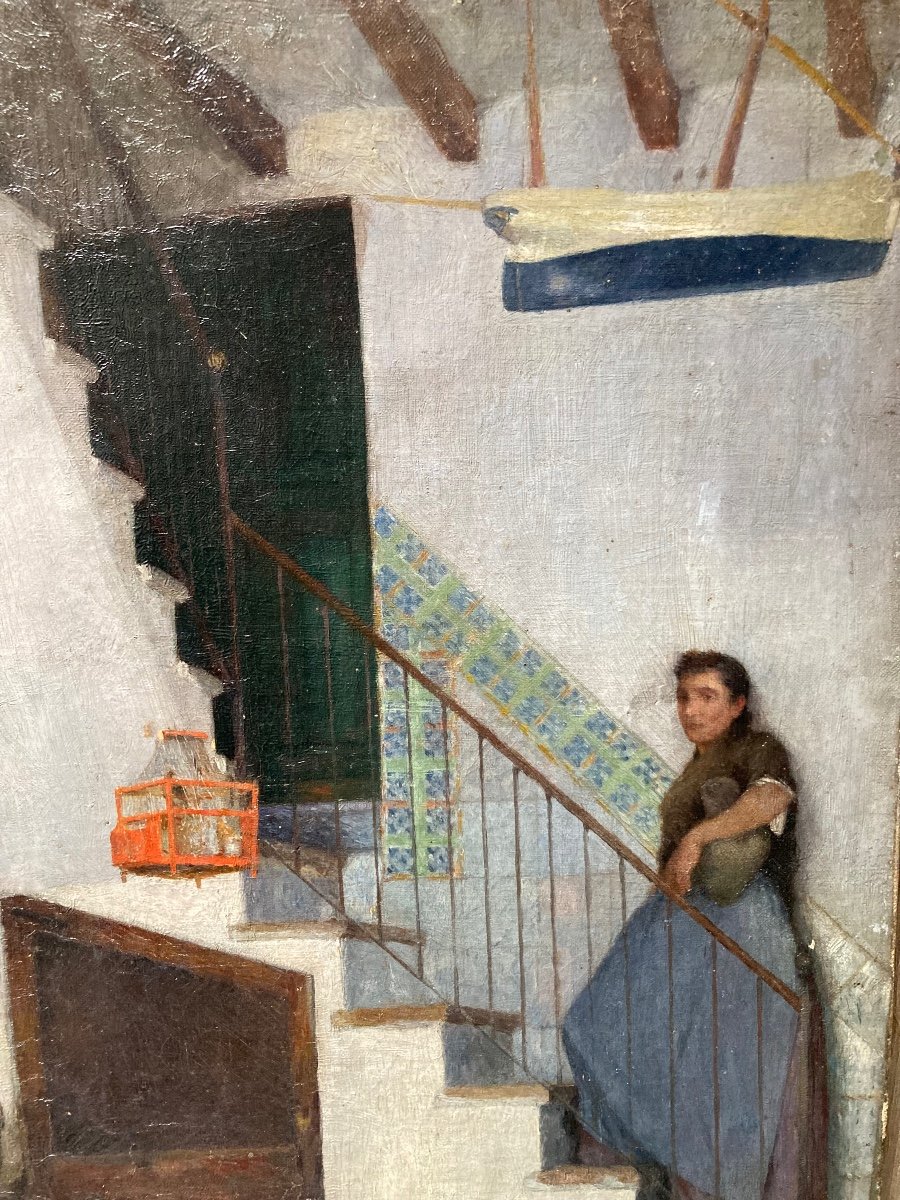 Young Dreamy Woman In An Interior. Marius Michel. (1853-1910). French School.-photo-3