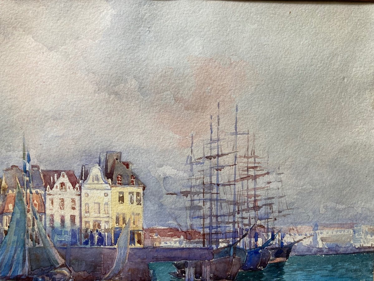 Lively Northern Port. Signed Early 20th Century. -photo-3