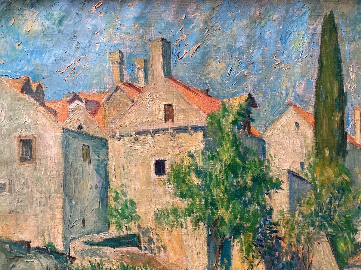 Village Street In Serbia. Serbian School From The 20th Century. Signature Sabahudin Hodzic.-photo-2