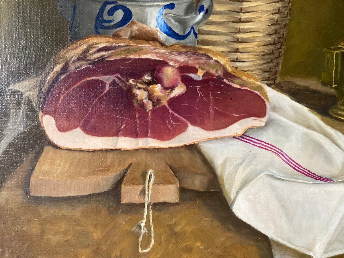 Nature Morte Au Jambon. Signature à Identifier. XXème Siècle.-photo-3