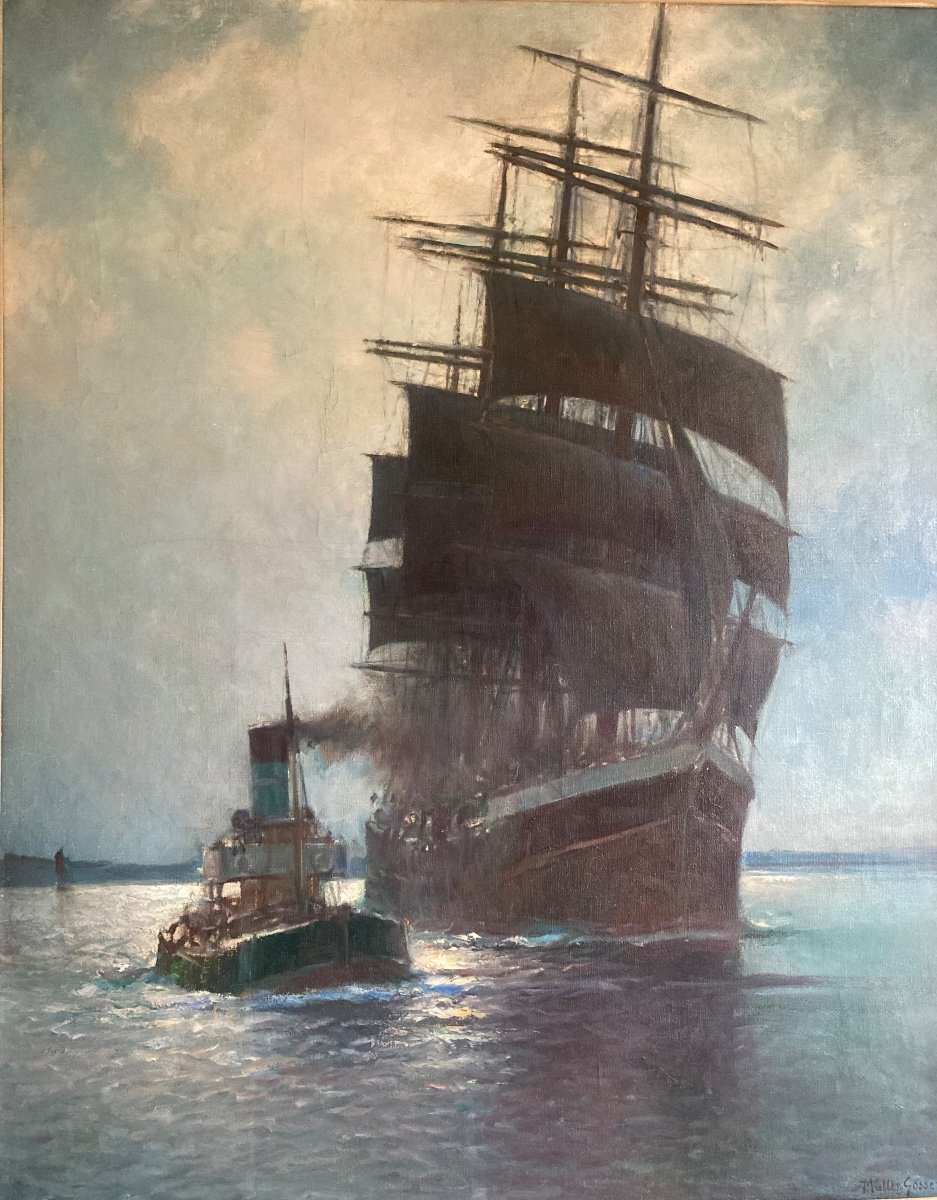 Large Navy. Three Masts And Tugboat. Müller Gossen. 20th Century. German School.-photo-4