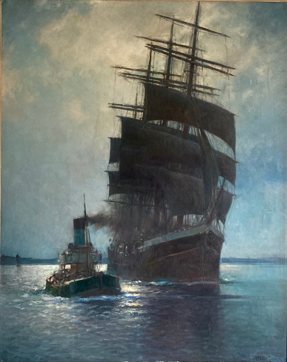 Large Navy. Three Masts And Tugboat. Müller Gossen. 20th Century. German School.