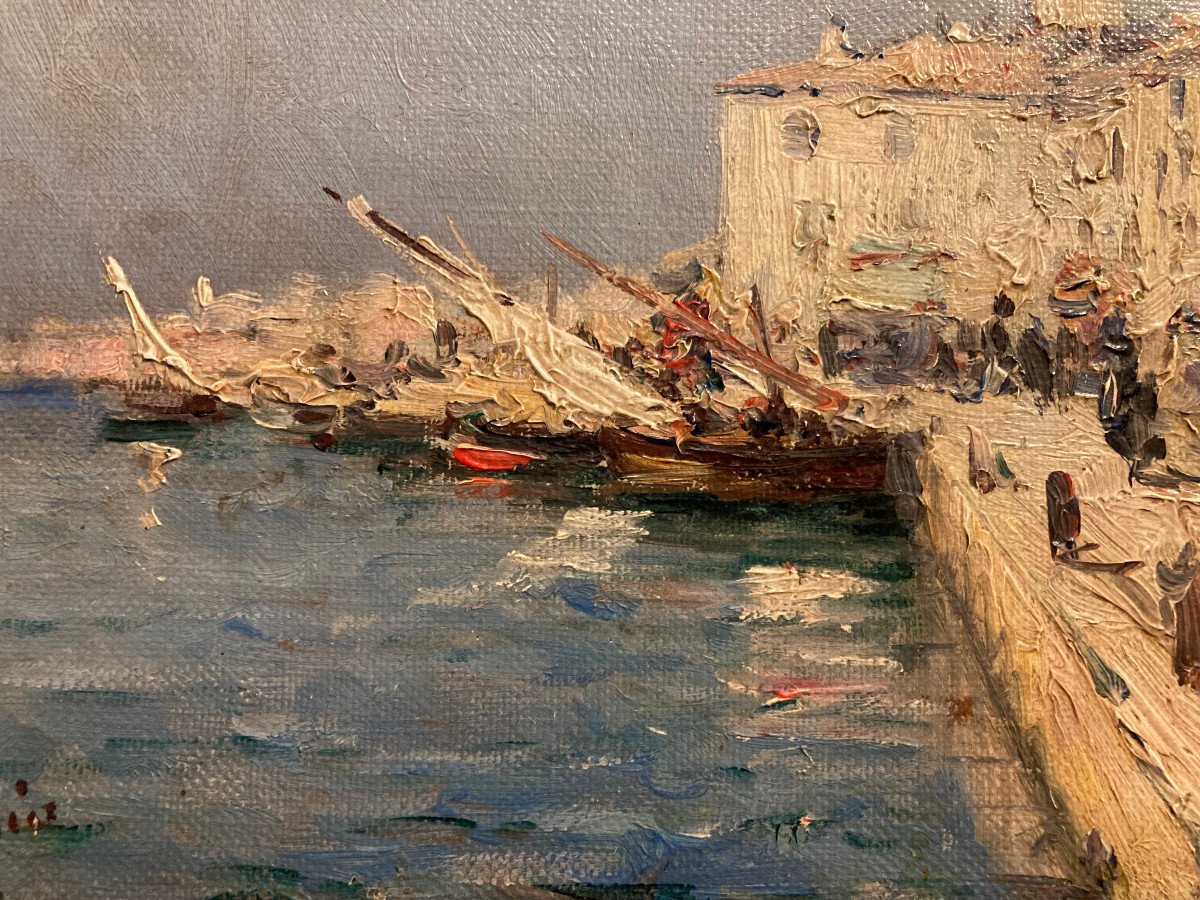 Charming Impressionist Scene Of A Busy Mediterranean Port. Late 19th Century. Signed ?-photo-2