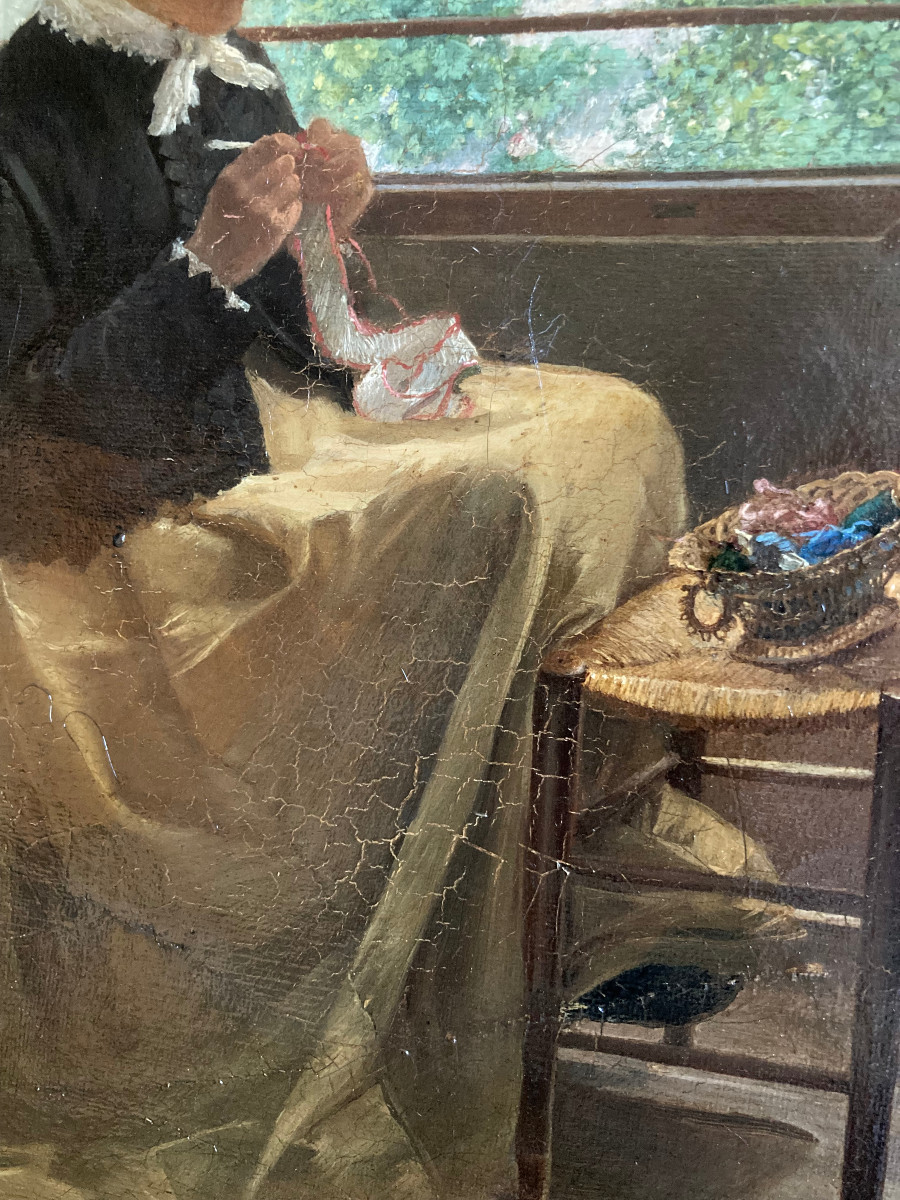 Ecole Française Du Milieu  XIXème Siècle. Brodeuse Dans Un Intérieur Parisien. Signé H. Gruyer.-photo-5