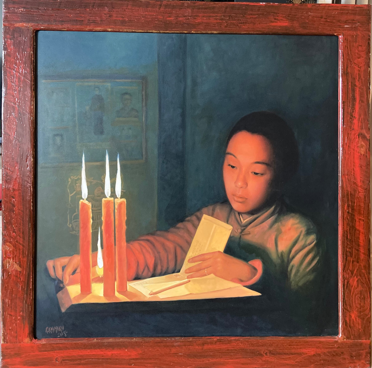 La Lettre. Huile Sur Toile XXIème . Signée R. Khymarn. 2008. Ecole Thaïlandaise.
