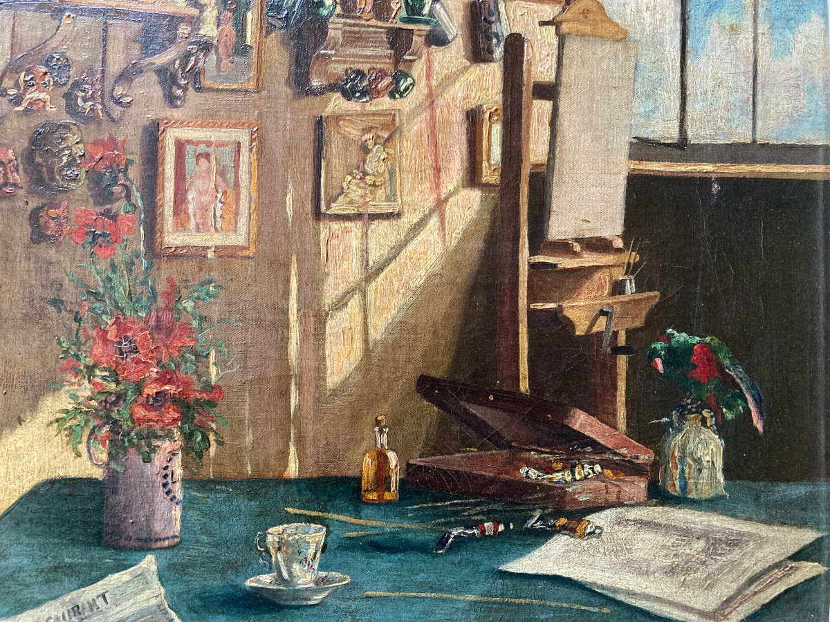 Huile Sur toile Vers 1940; Un perroquet dans l' atelier.-photo-3