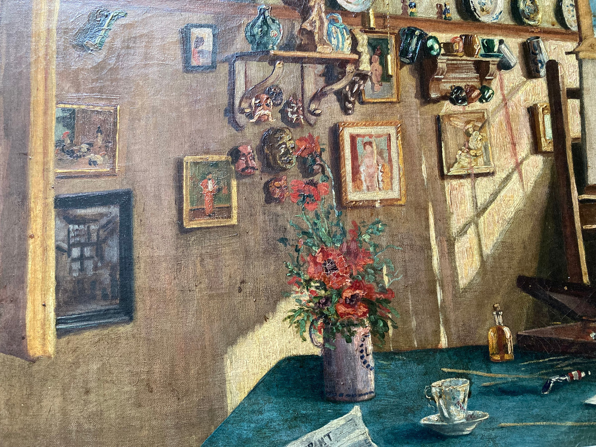 Huile Sur toile Vers 1940; Un perroquet dans l' atelier.-photo-4