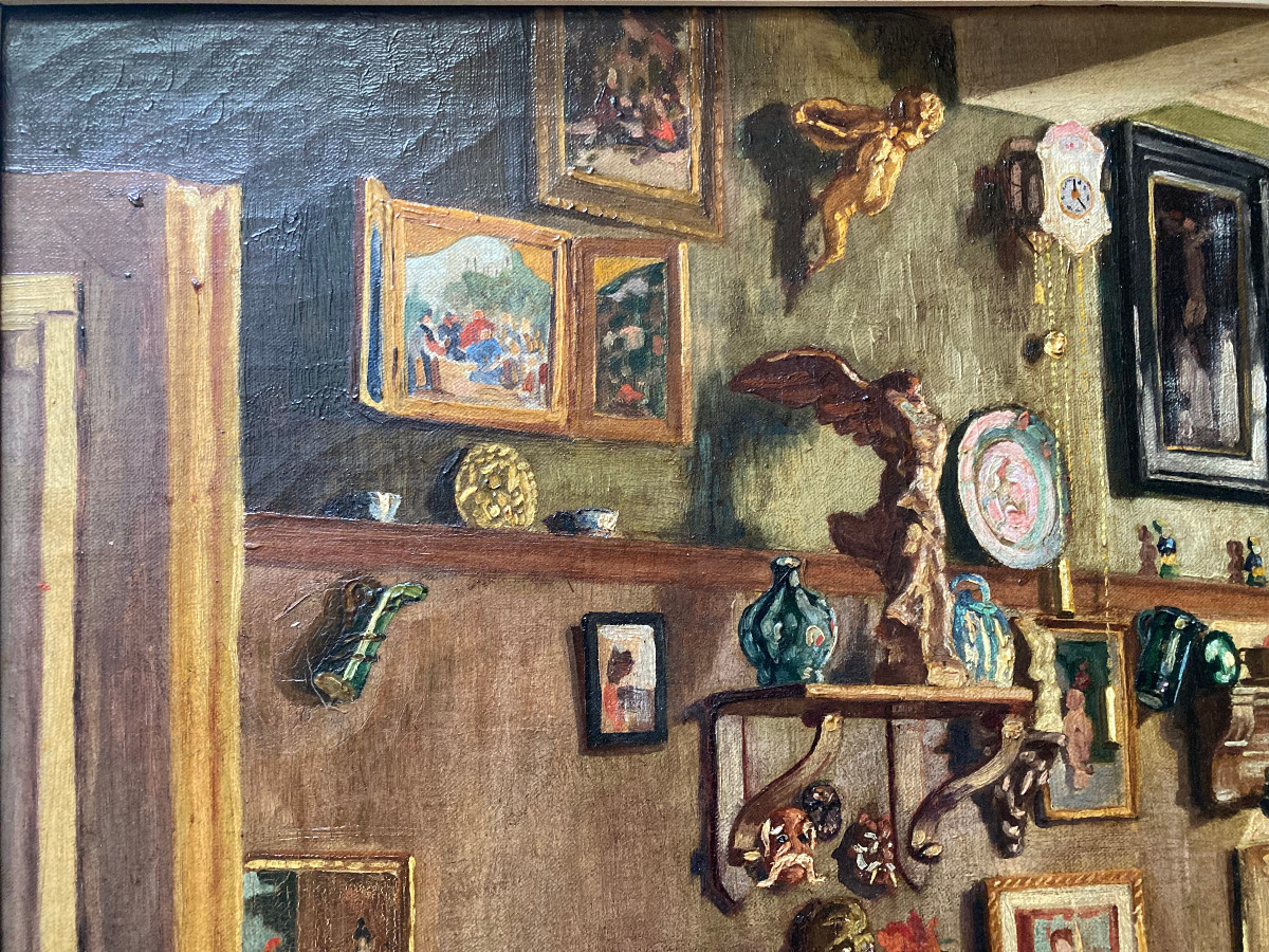 Huile Sur toile Vers 1940; Un perroquet dans l' atelier.-photo-1