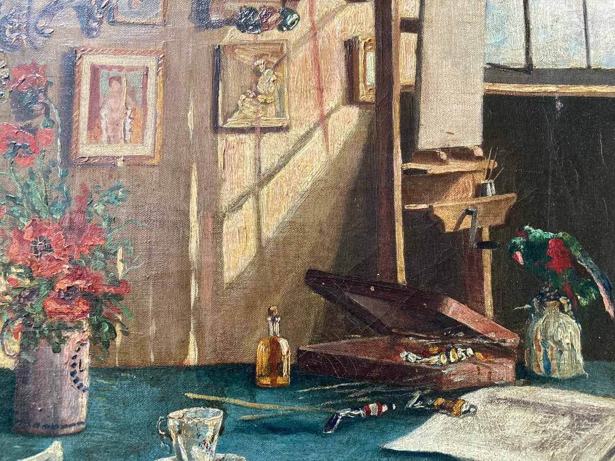 Huile Sur toile Vers 1940; Un perroquet dans l' atelier.-photo-4