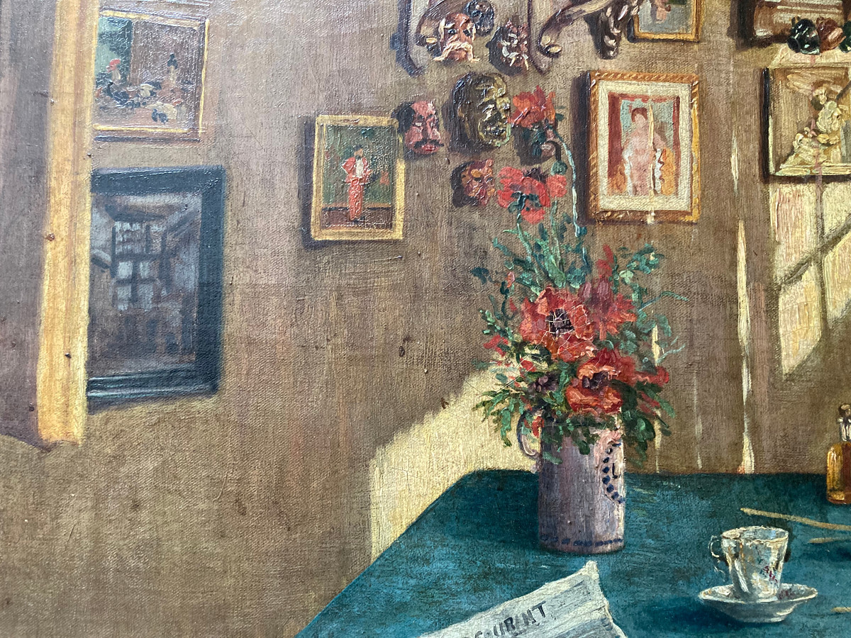 Huile Sur toile Vers 1940; Un perroquet dans l' atelier.-photo-5