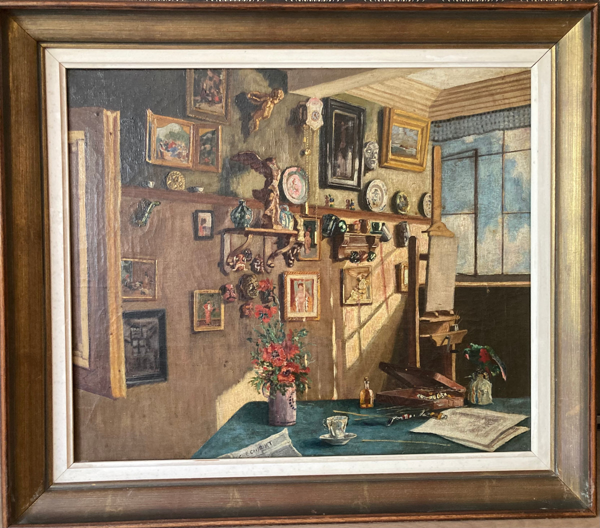 Huile Sur toile Vers 1940; Un perroquet dans l' atelier.-photo-7