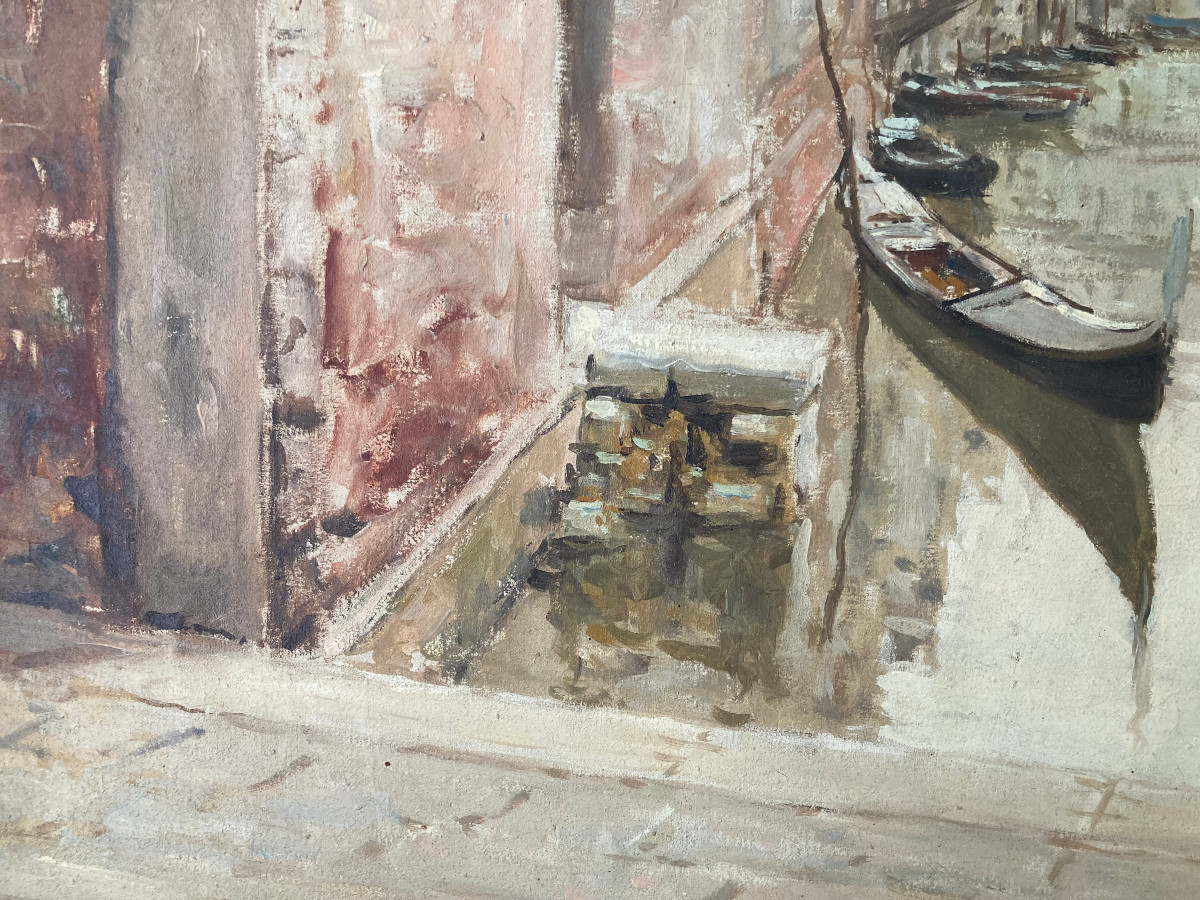 Canal à Venise. Huile sur toile. Milieu du XXe siècle. Signature à déchiffrer.-photo-3