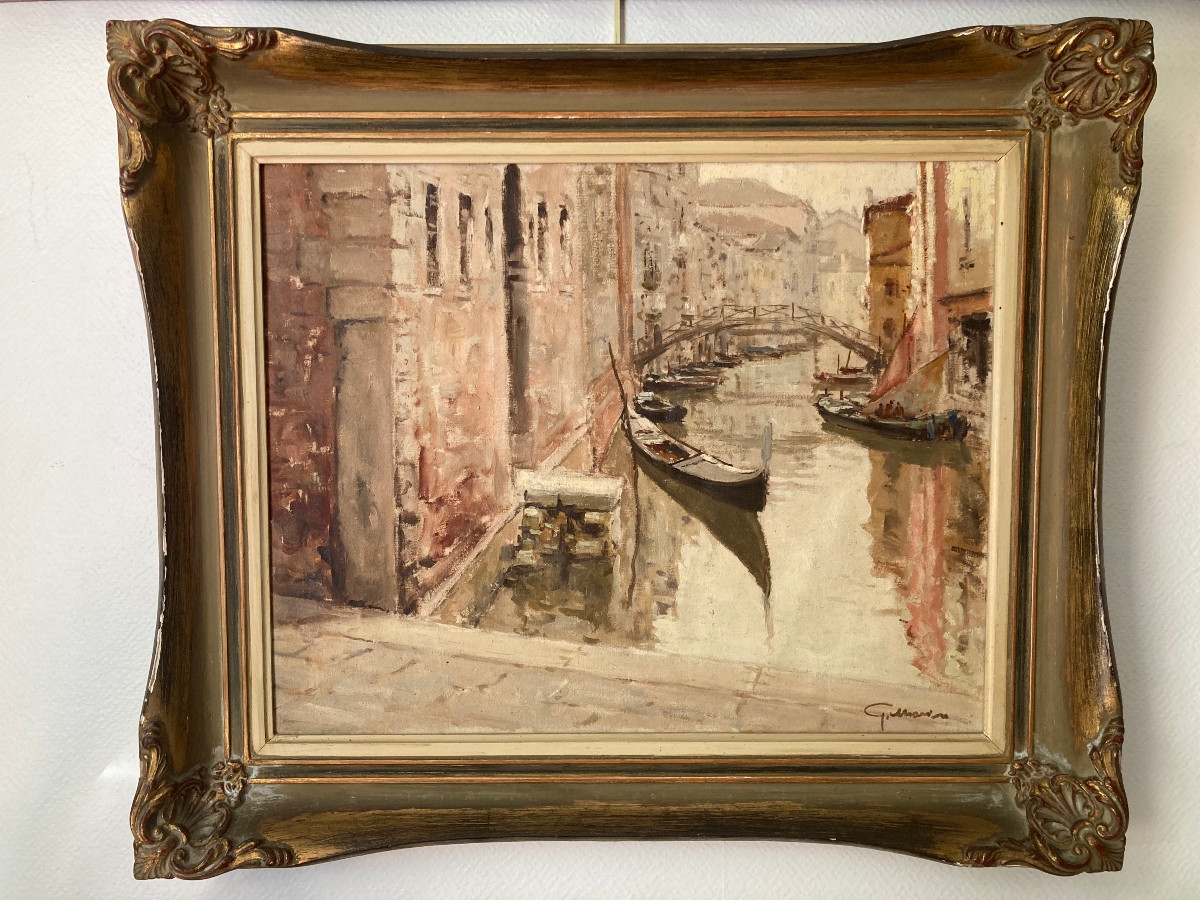 Canal à Venise. Huile sur toile. Milieu du XXe siècle. Signature à déchiffrer.-photo-7