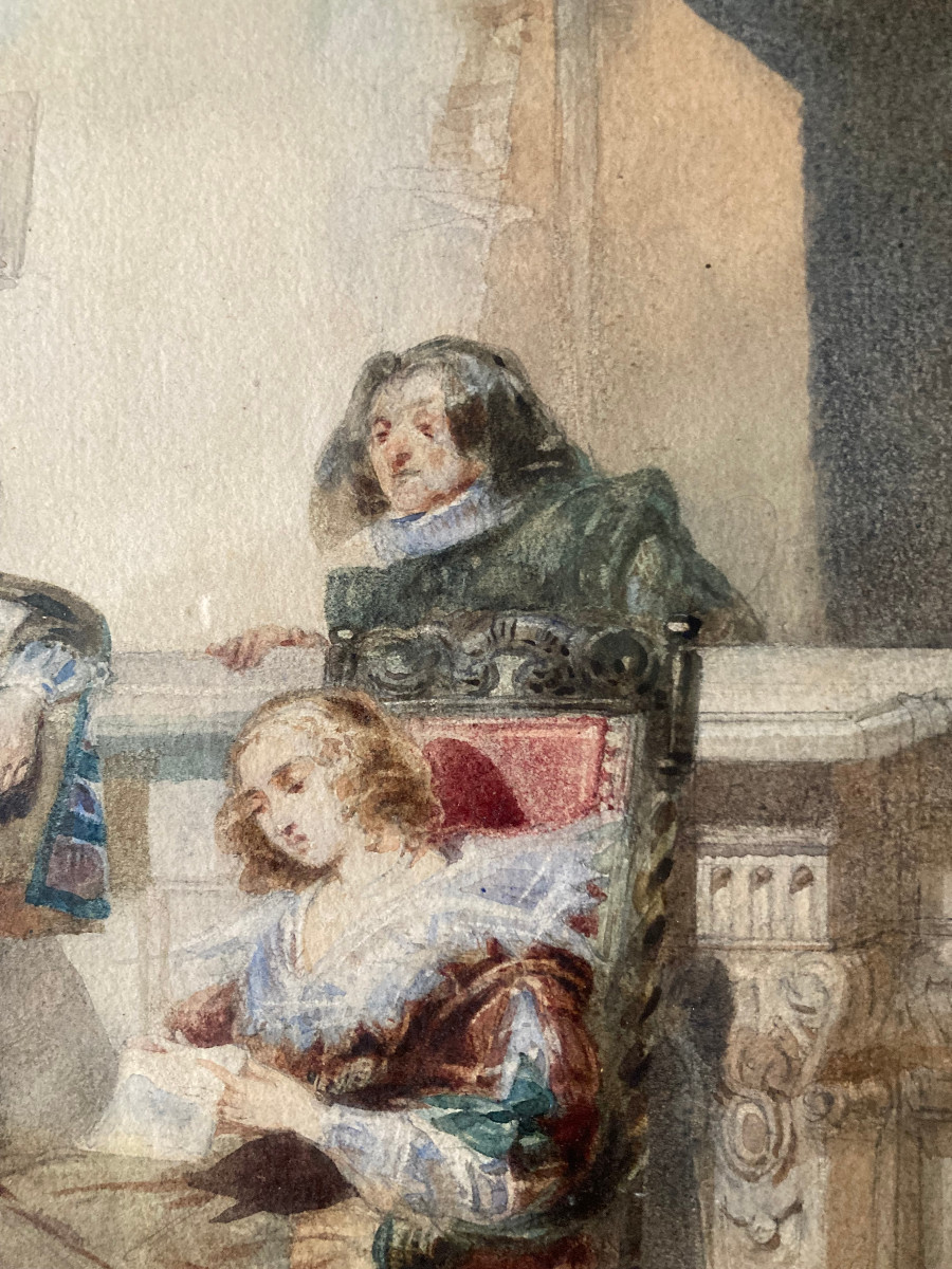 Watercolor By Paolo Riccardi. “the Letter”. Italian School Of The 19th Century.-photo-2