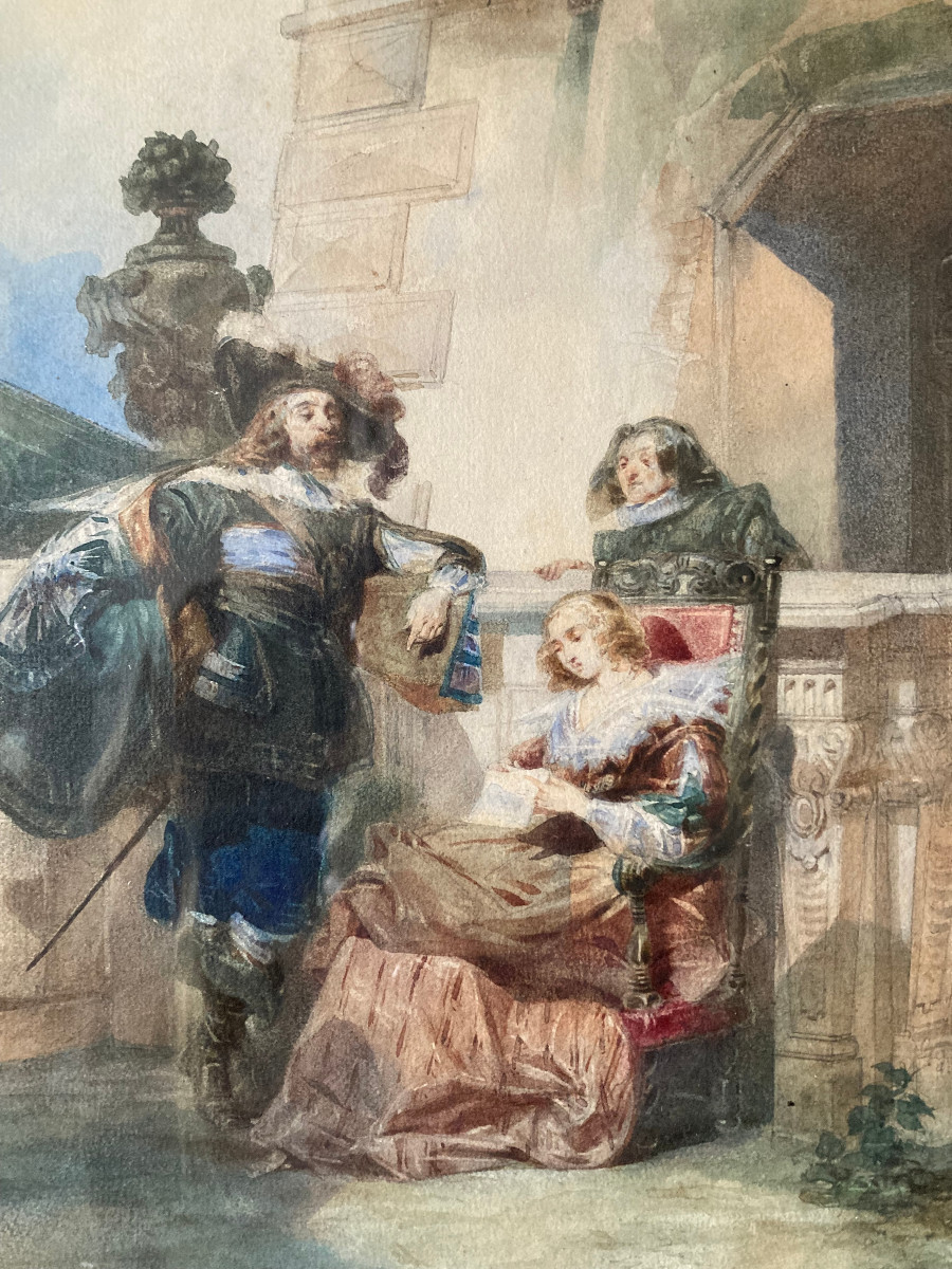 Watercolor By Paolo Riccardi. “the Letter”. Italian School Of The 19th Century.