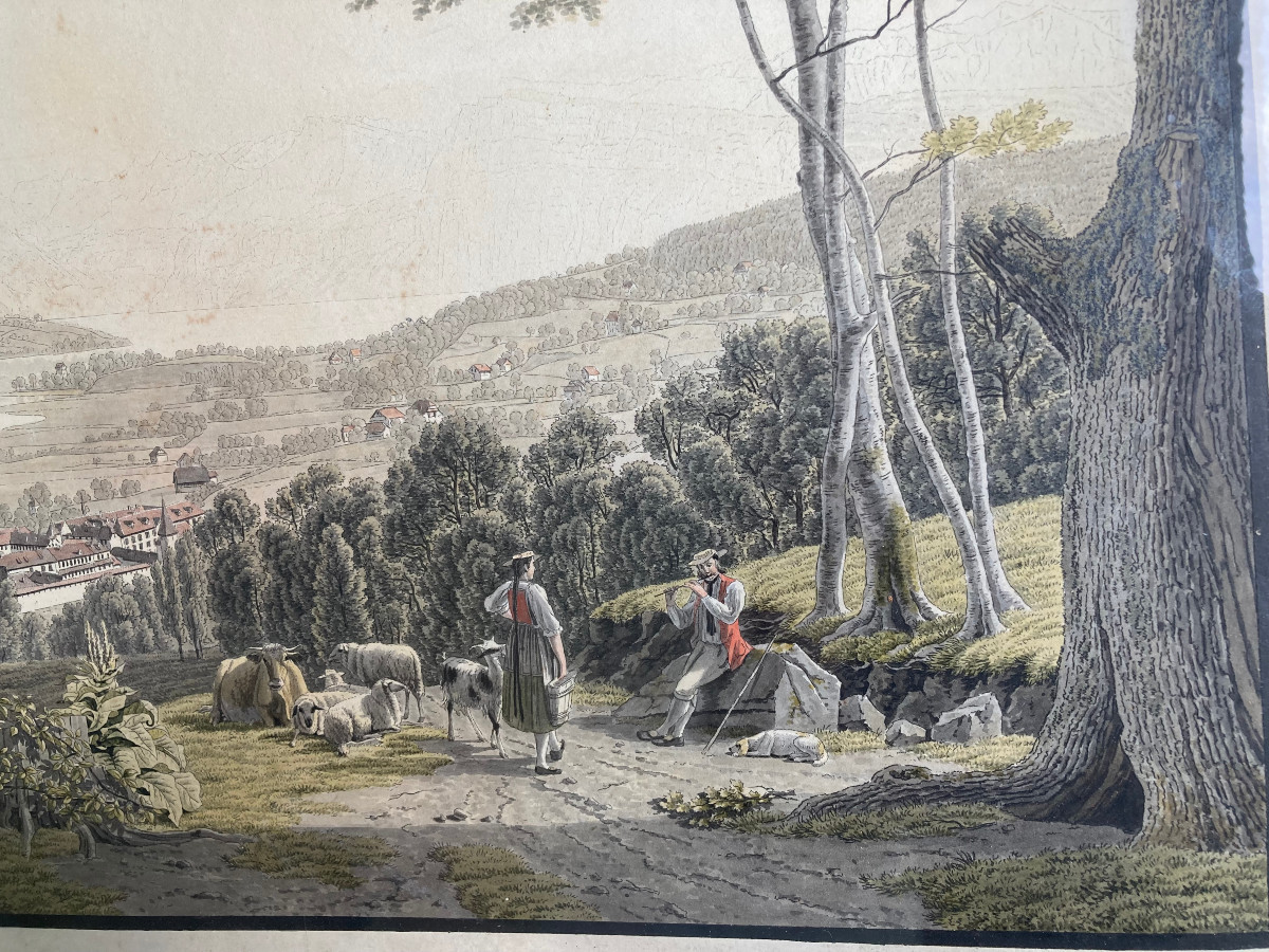 Watercolor On Engraved Line, Early 19th Century. View Of Lucernes. Switzerland.-photo-2