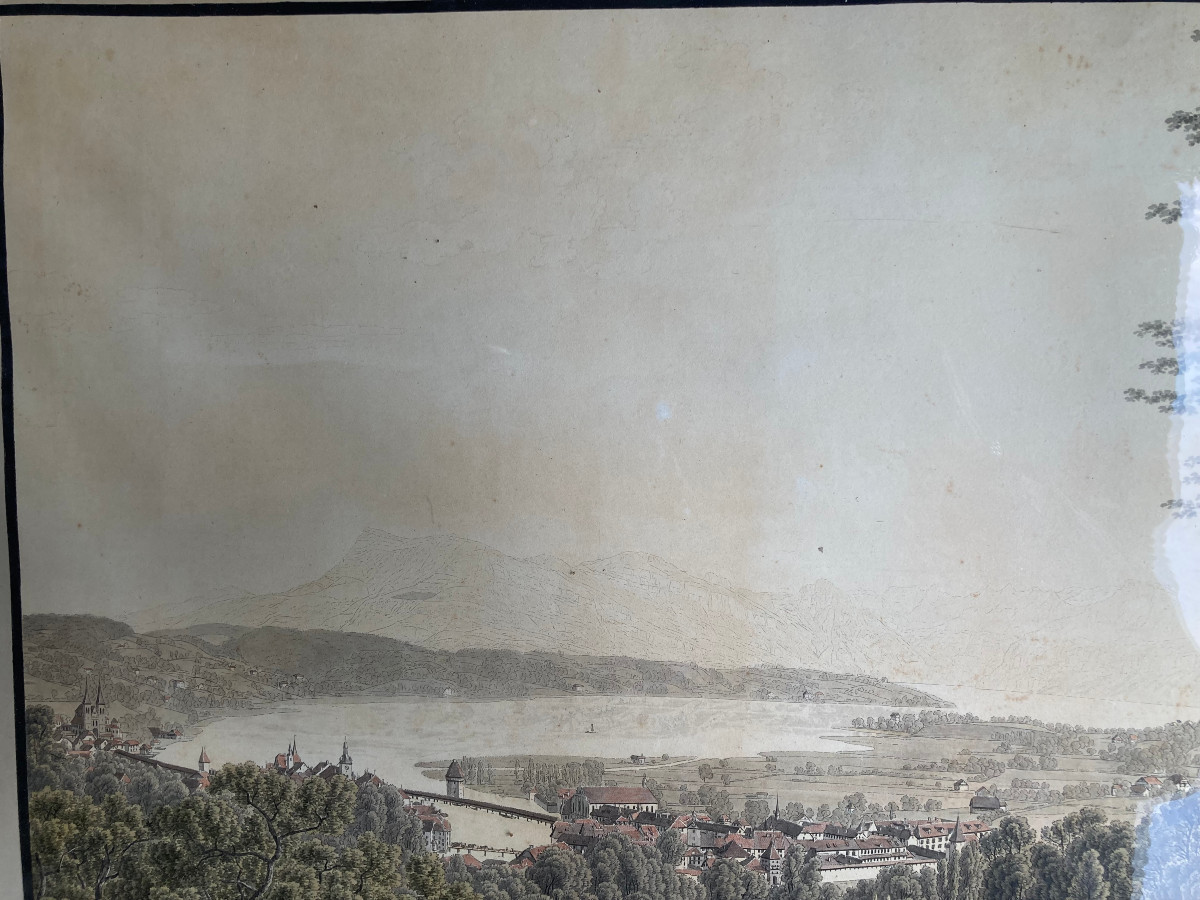 Watercolor On Engraved Line, Early 19th Century. View Of Lucernes. Switzerland.-photo-4