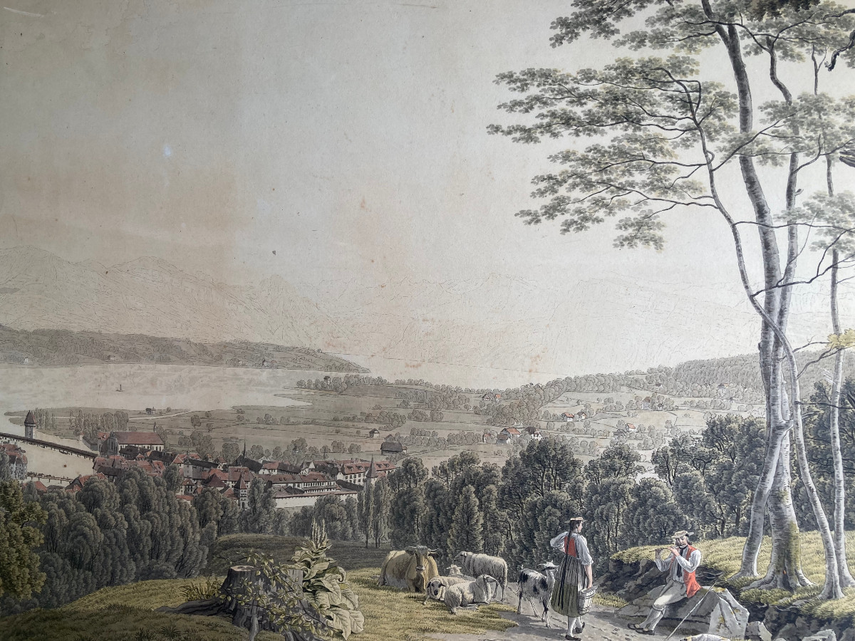 Watercolor On Engraved Line, Early 19th Century. View Of Lucernes. Switzerland.-photo-2