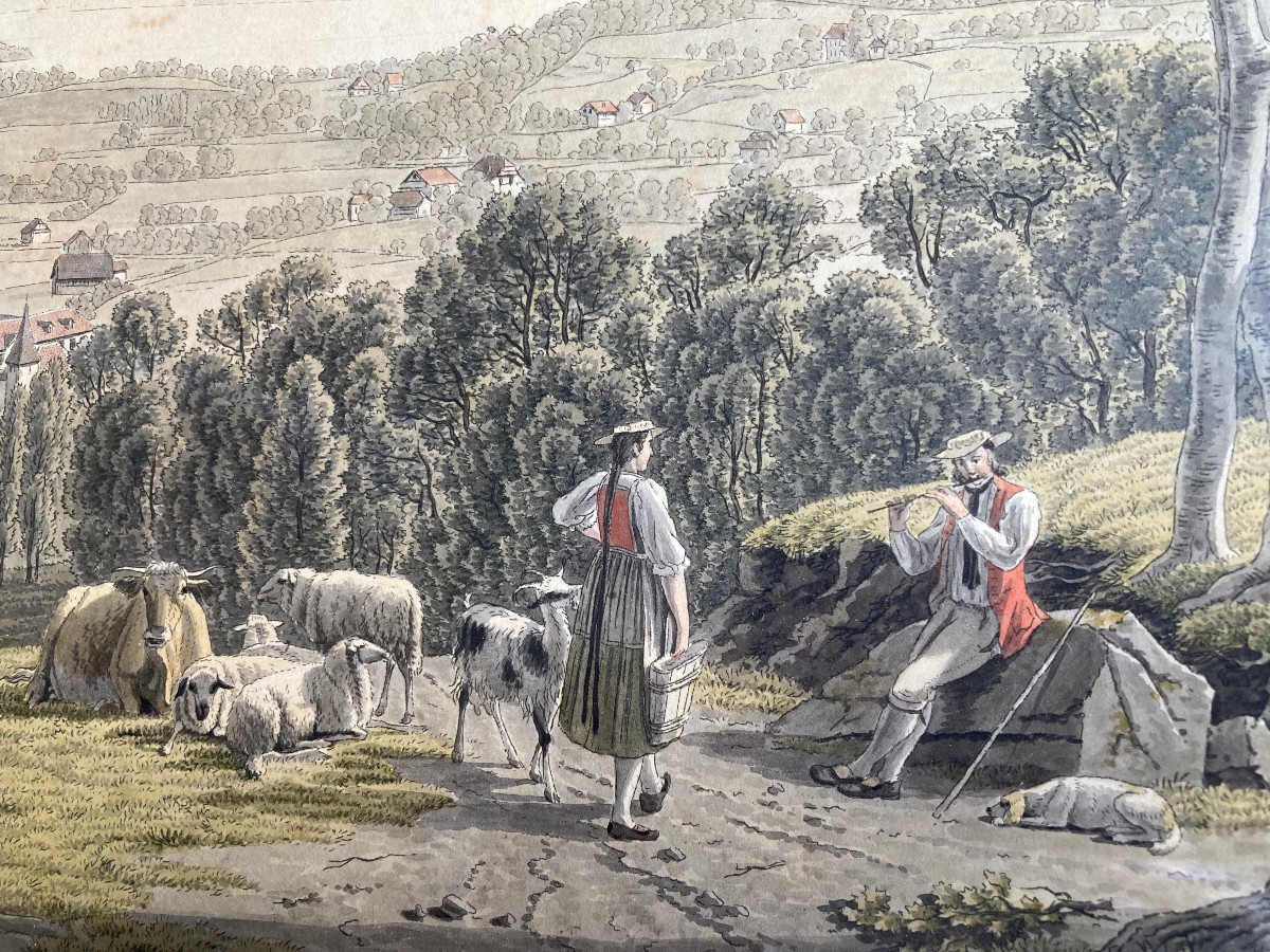 Watercolor On Engraved Line, Early 19th Century. View Of Lucernes. Switzerland.-photo-3