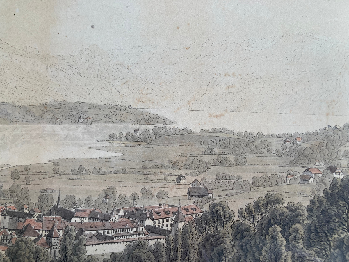 Watercolor On Engraved Line, Early 19th Century. View Of Lucernes. Switzerland.-photo-6