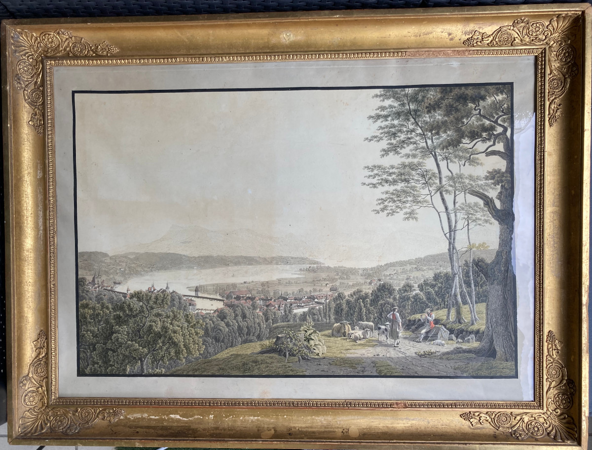Watercolor On Engraved Line, Early 19th Century. View Of Lucernes. Switzerland.-photo-7