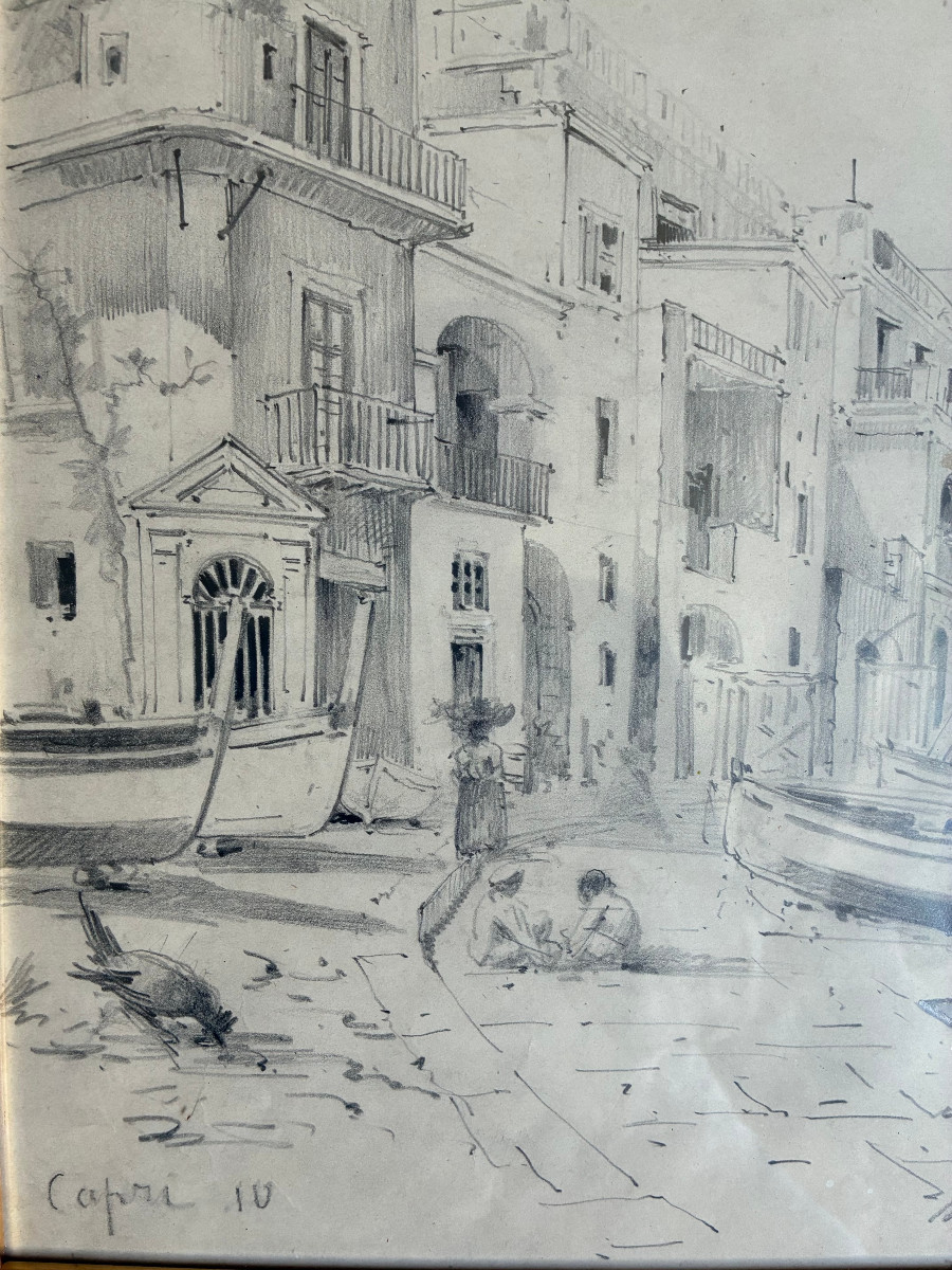 Paire de dessins de Marcel De Chollet. Vues de Naples et Capri. signé, situé, daté 10.-photo-4