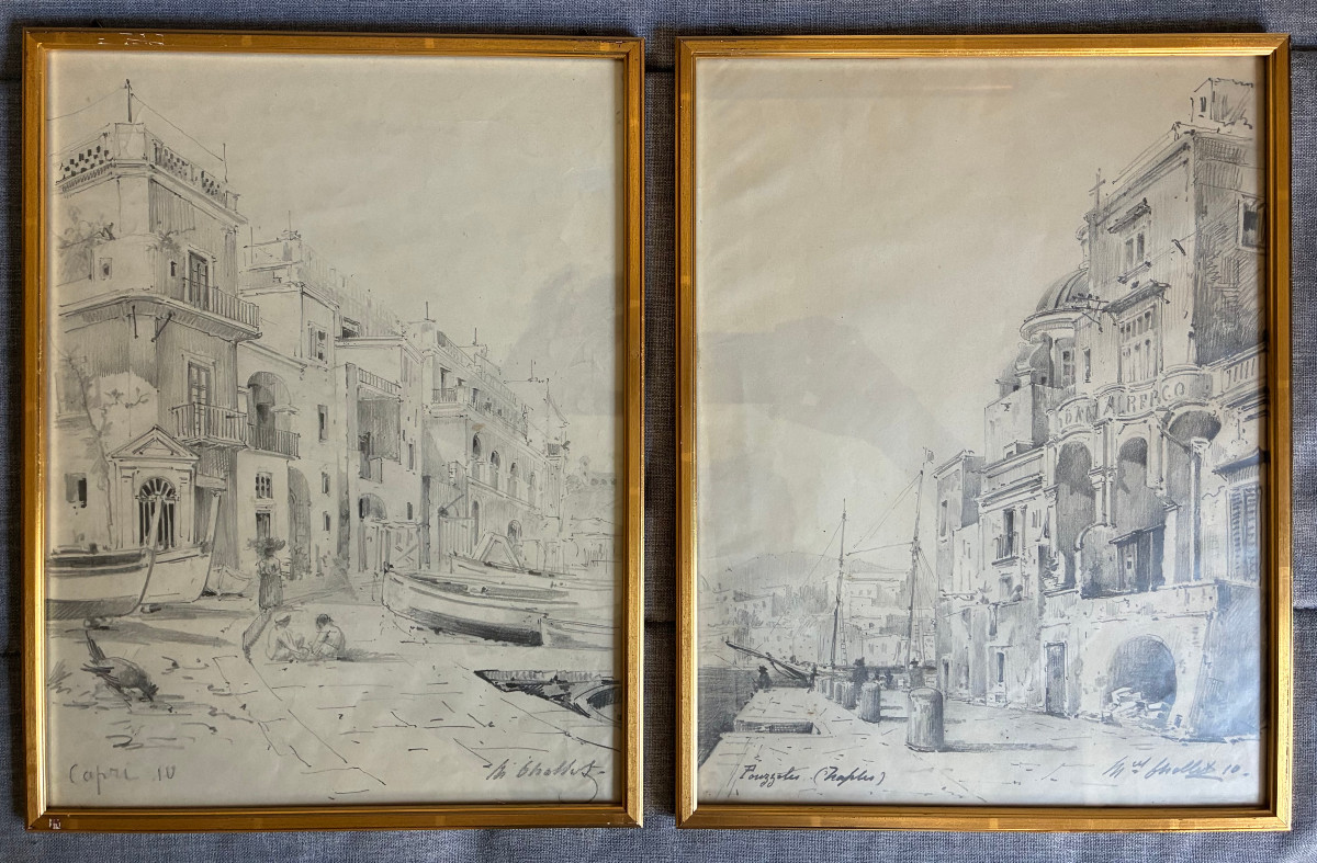 Paire de dessins de Marcel De Chollet. Vues de Naples et Capri. signé, situé, daté 10.