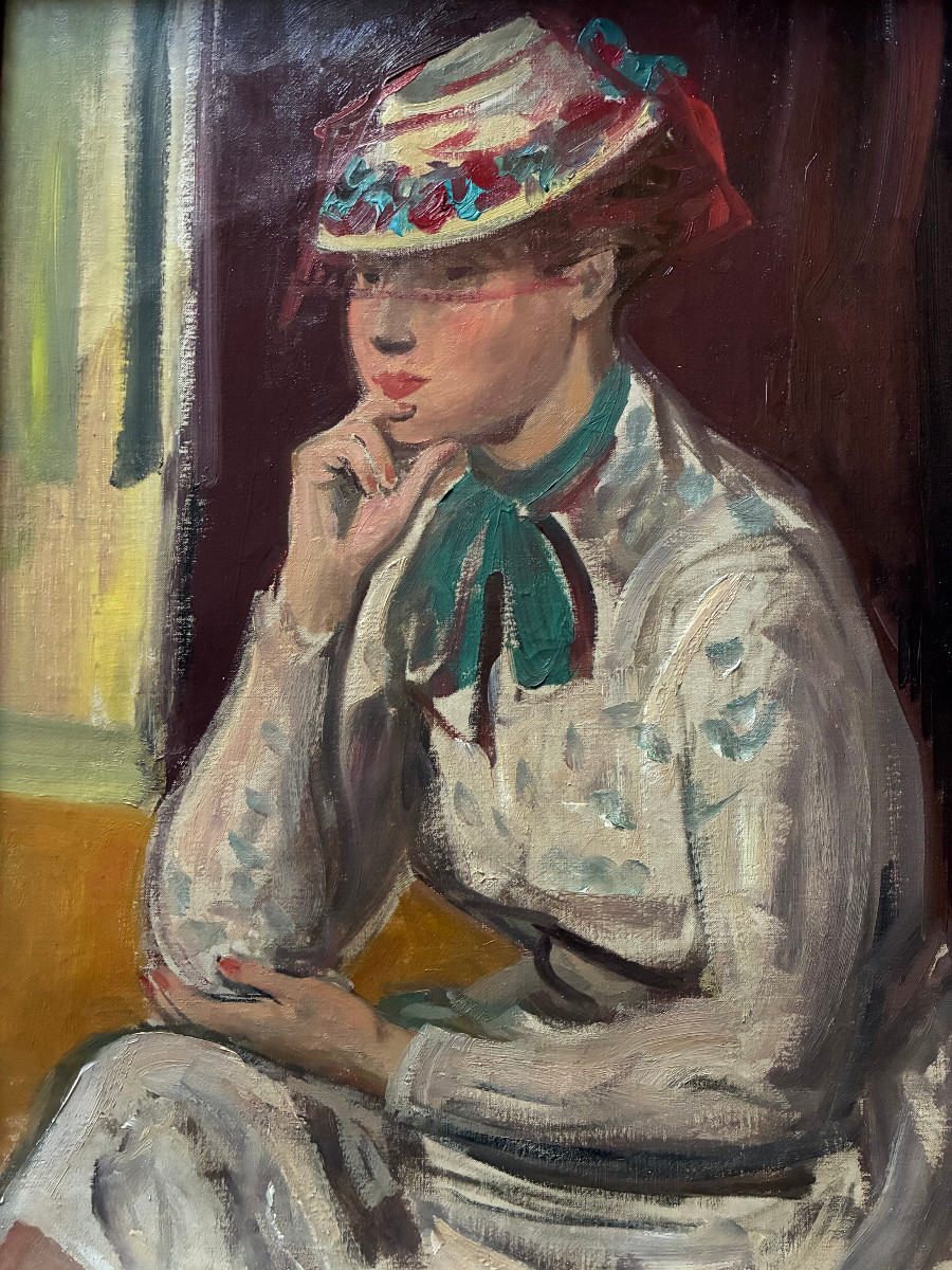 Portrait de jeune femme au chapeau. Toile . trace de signature ? Années 40 ou 50.-photo-2