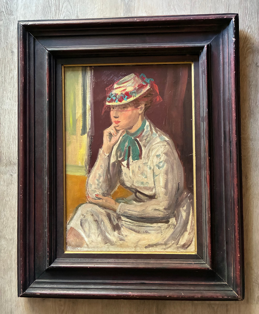 Portrait de jeune femme au chapeau. Toile . trace de signature ? Années 40 ou 50.-photo-4