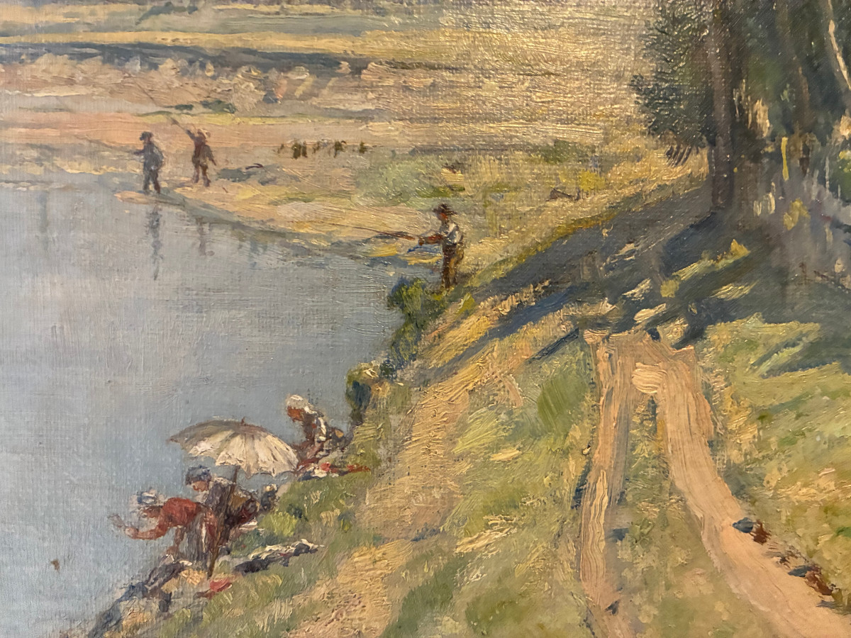 Bord de rivière animé. Théodore Houzon. (1829-1914).-photo-3