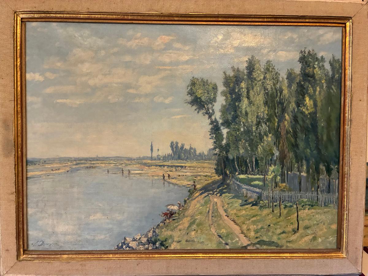 Bord de rivière animé. Théodore Houzon. (1829-1914).