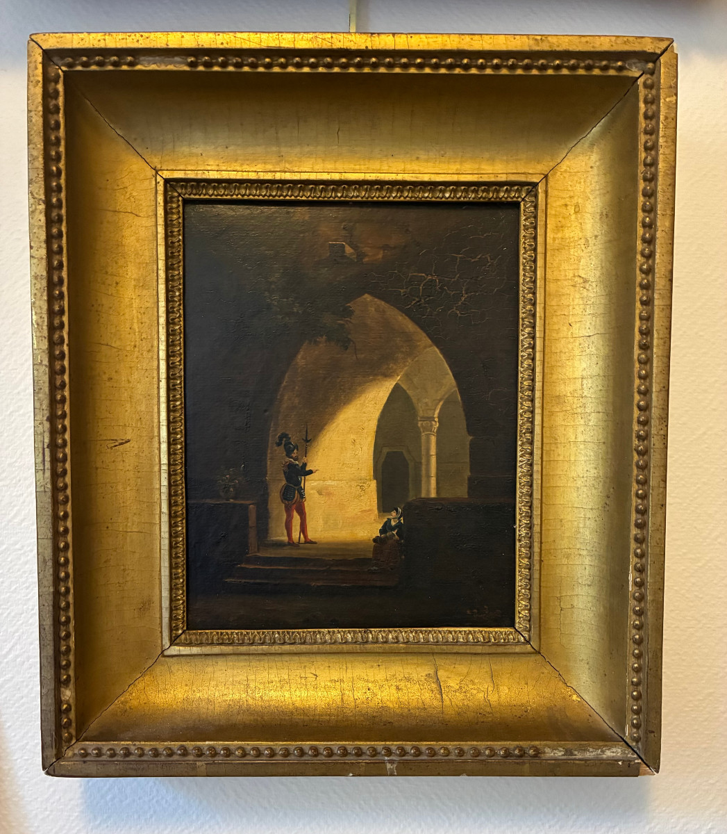 Scène Troubadour XIXème Siècle . Huile sur carton .-photo-2