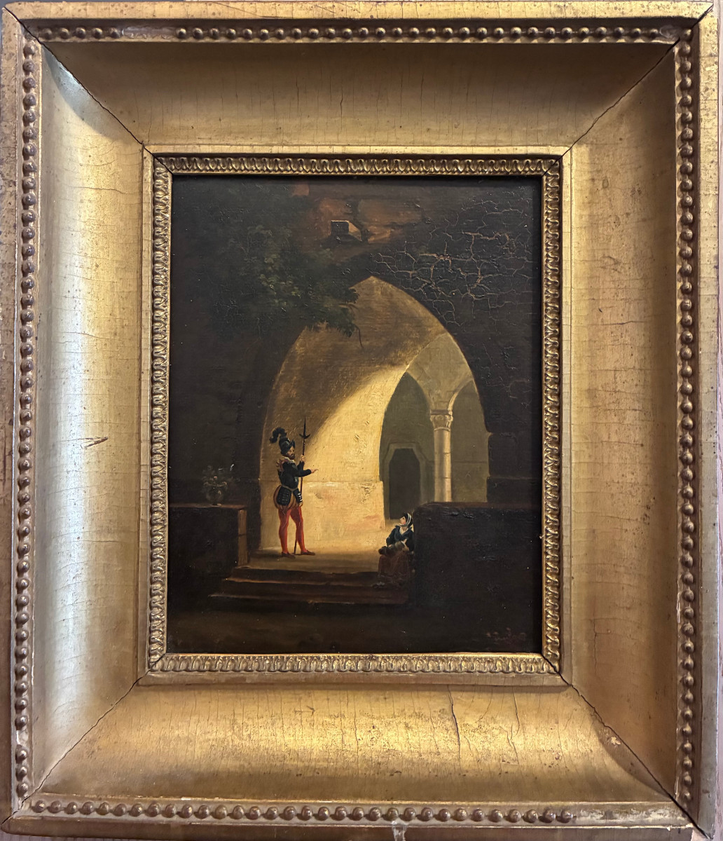 Scène Troubadour XIXème Siècle . Huile sur carton .-photo-1