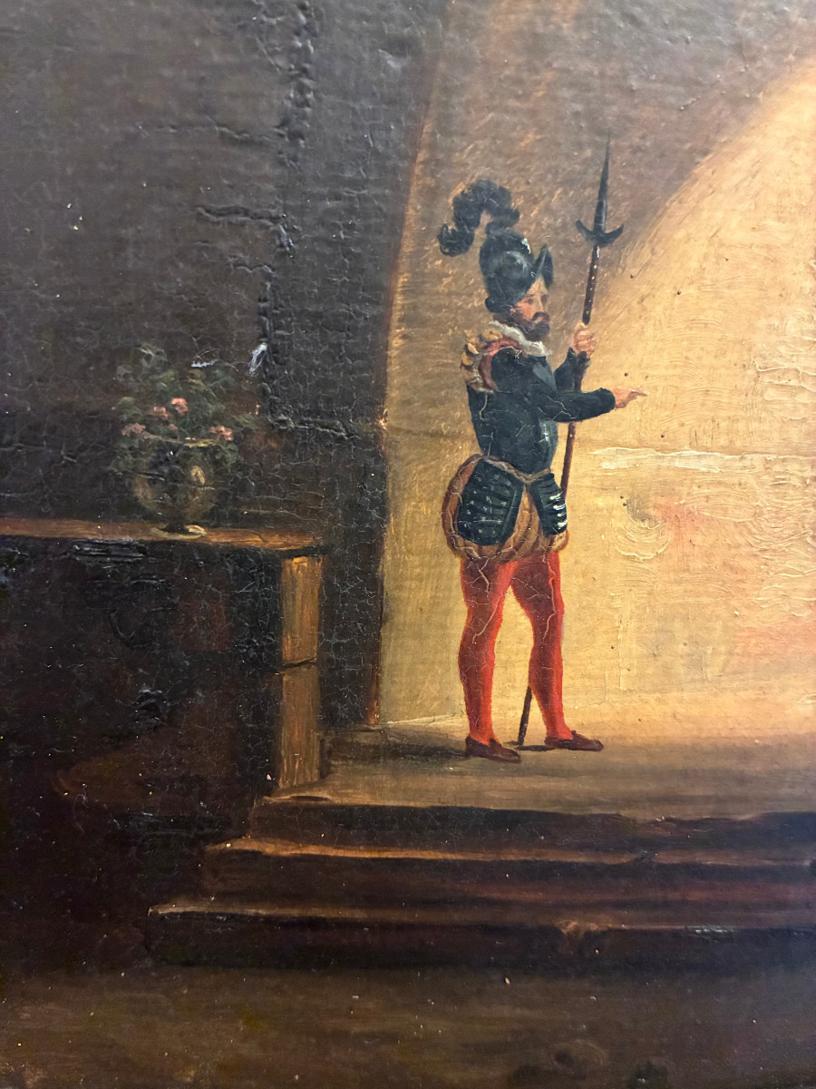 Scène Troubadour XIXème Siècle . Huile sur carton .-photo-2