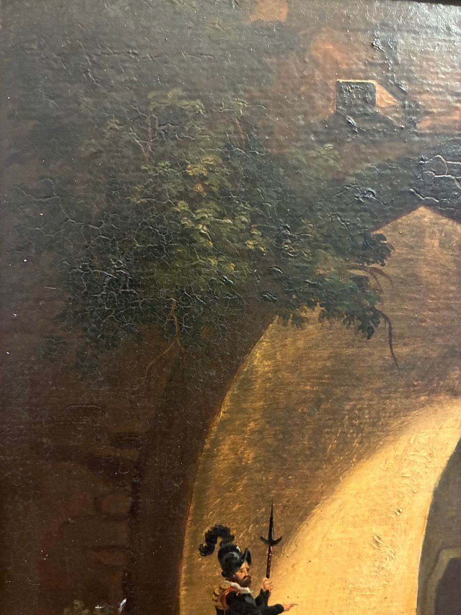 Scène Troubadour XIXème Siècle . Huile sur carton .-photo-3