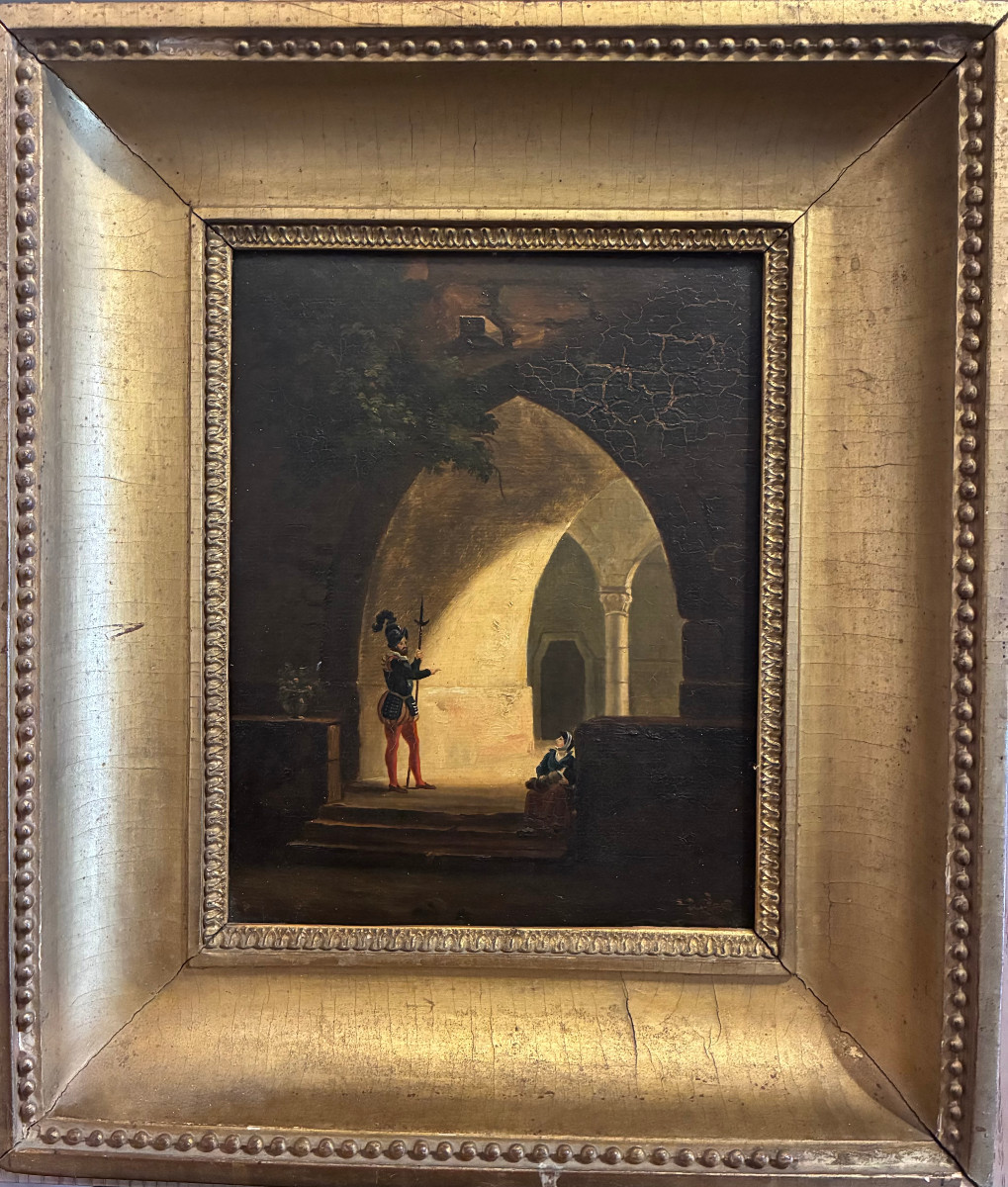 Scène Troubadour XIXème Siècle . Huile sur carton .-photo-6