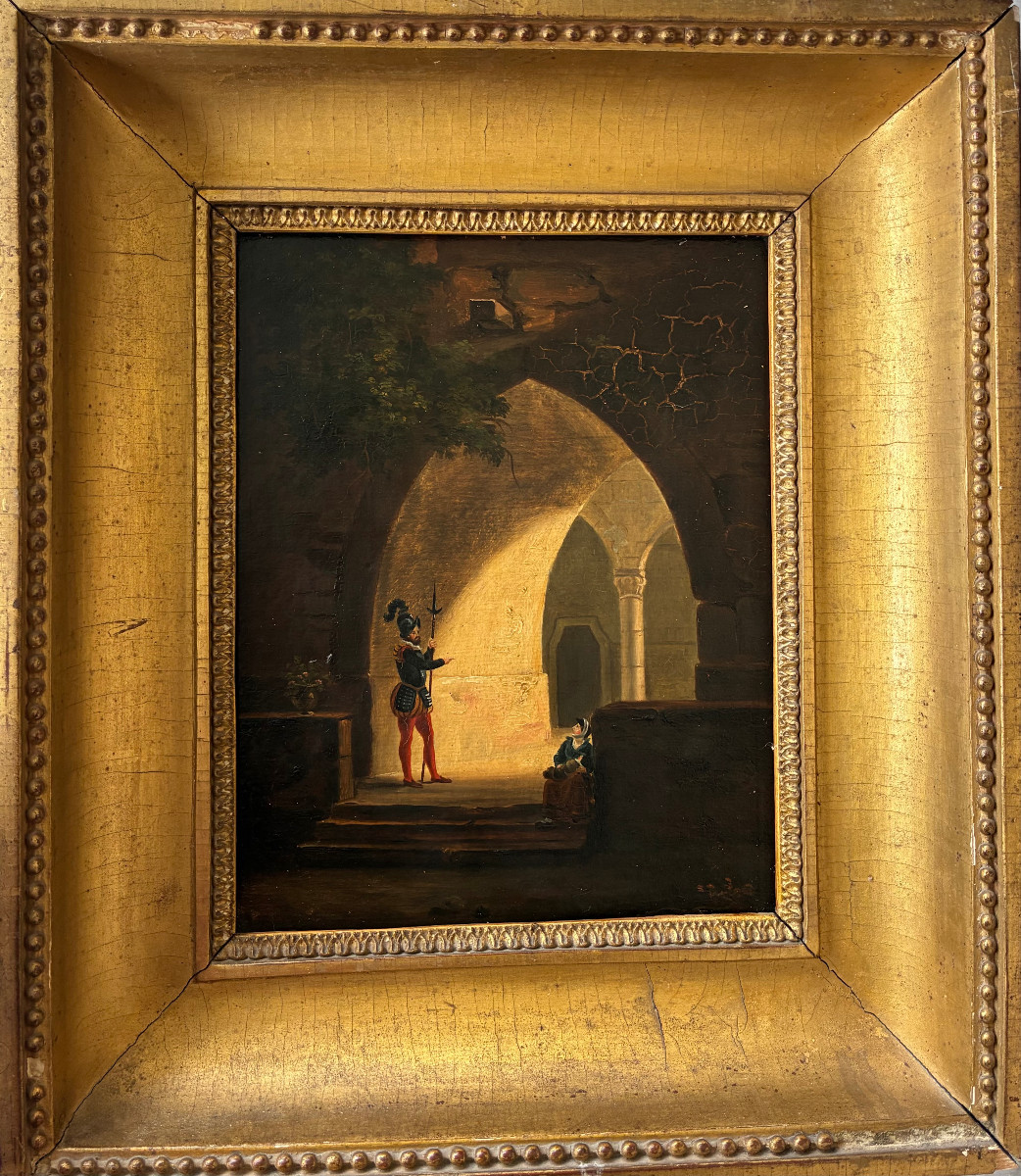 Scène Troubadour XIXème Siècle . Huile sur carton .
