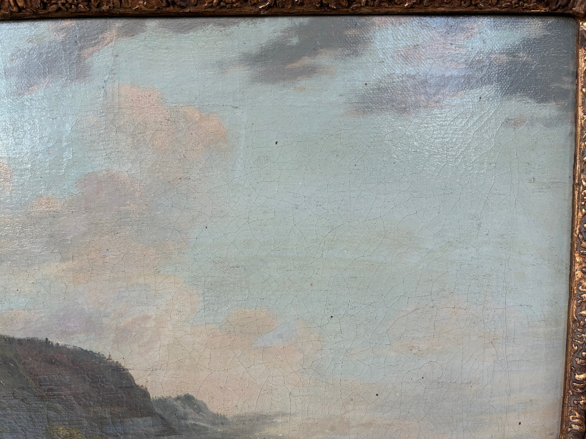 Paysage animé XVIIIème Siècle. Attribué à Johann Balthazar BULLINGER I. Ecole Suisse.-photo-1