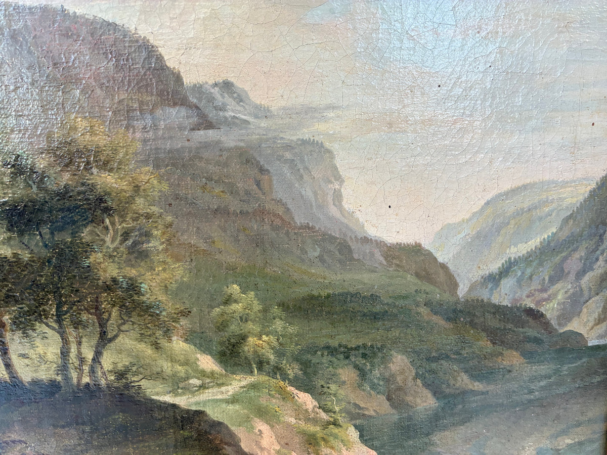 Paysage animé XVIIIème Siècle. Attribué à Johann Balthazar BULLINGER I. Ecole Suisse.-photo-2