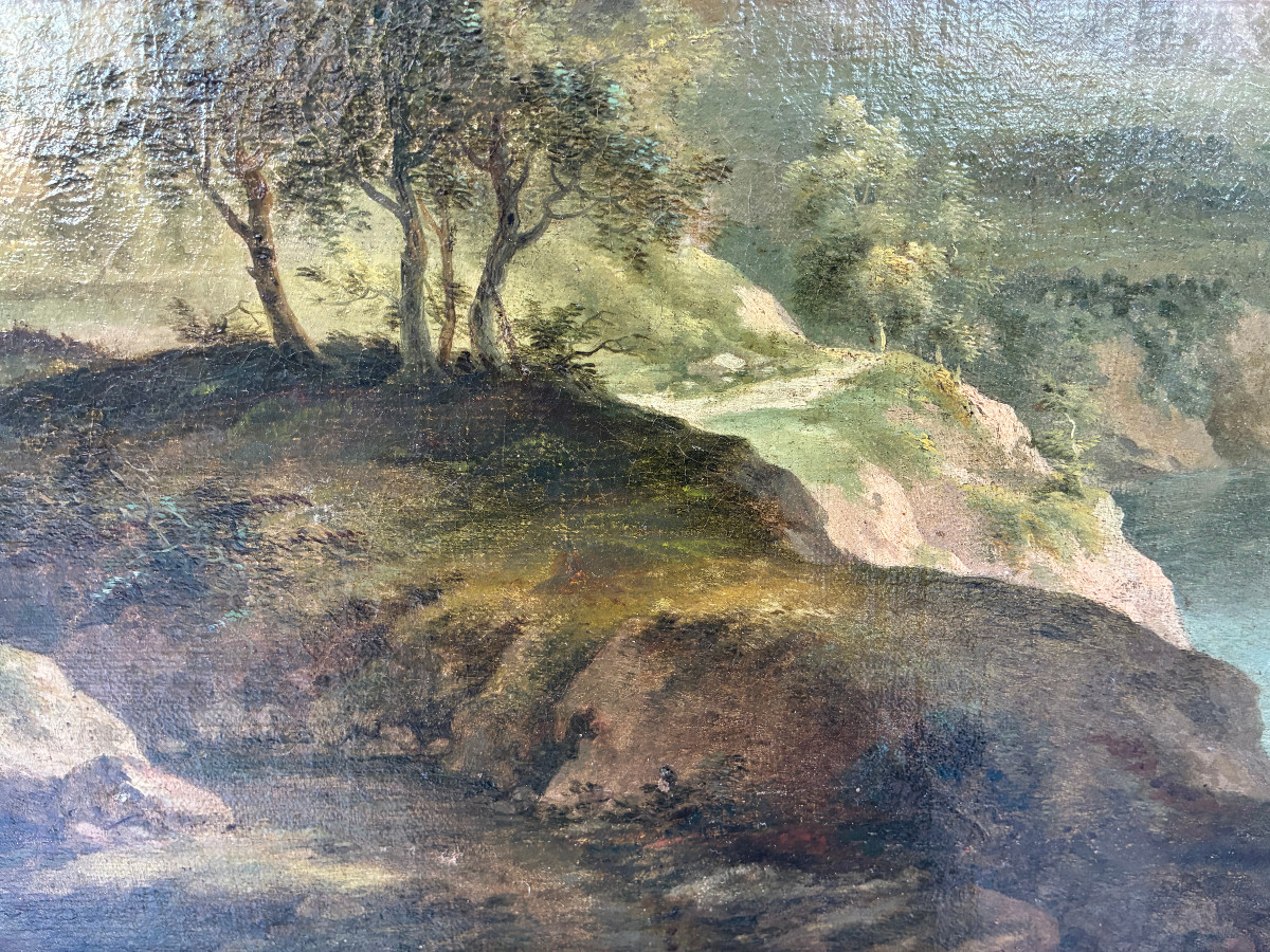 Paysage animé XVIIIème Siècle. Attribué à Johann Balthazar BULLINGER I. Ecole Suisse.-photo-3